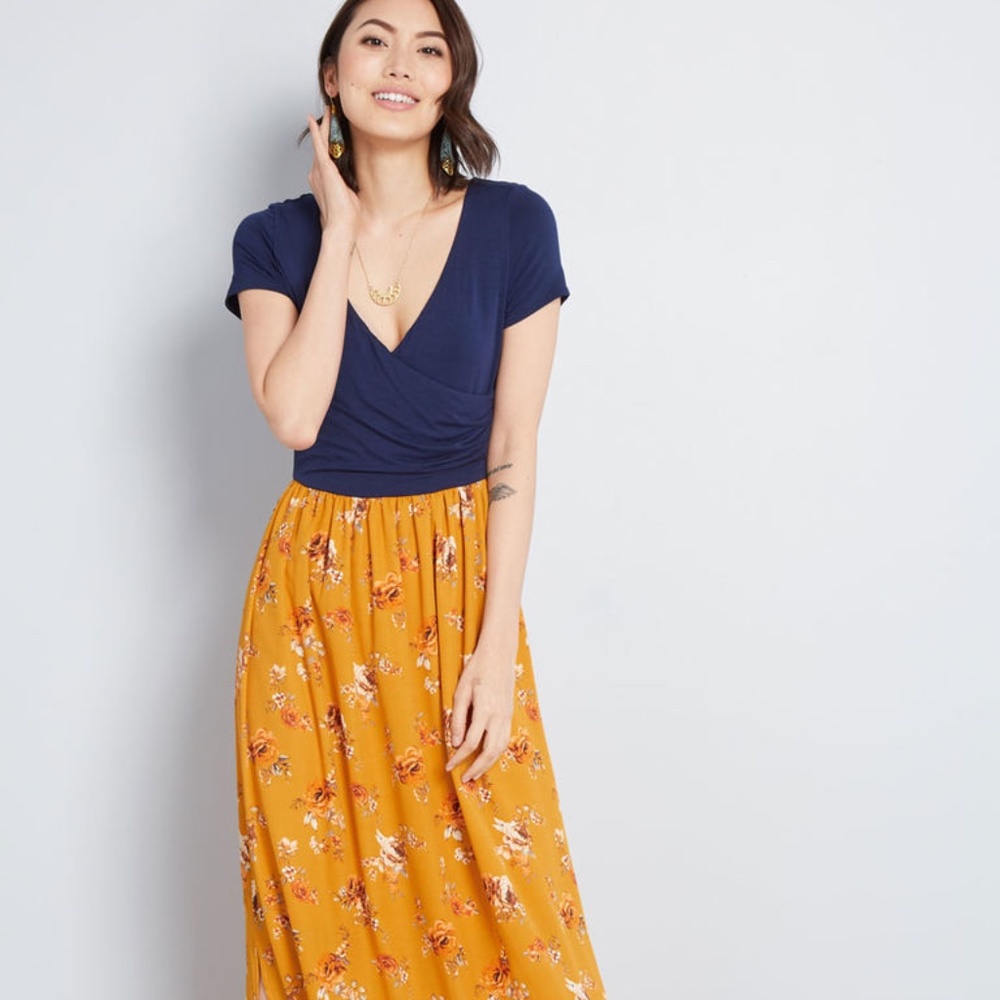 ModCloth Boundless Enjoyment Blue & Floral Yellow Maxi Dress